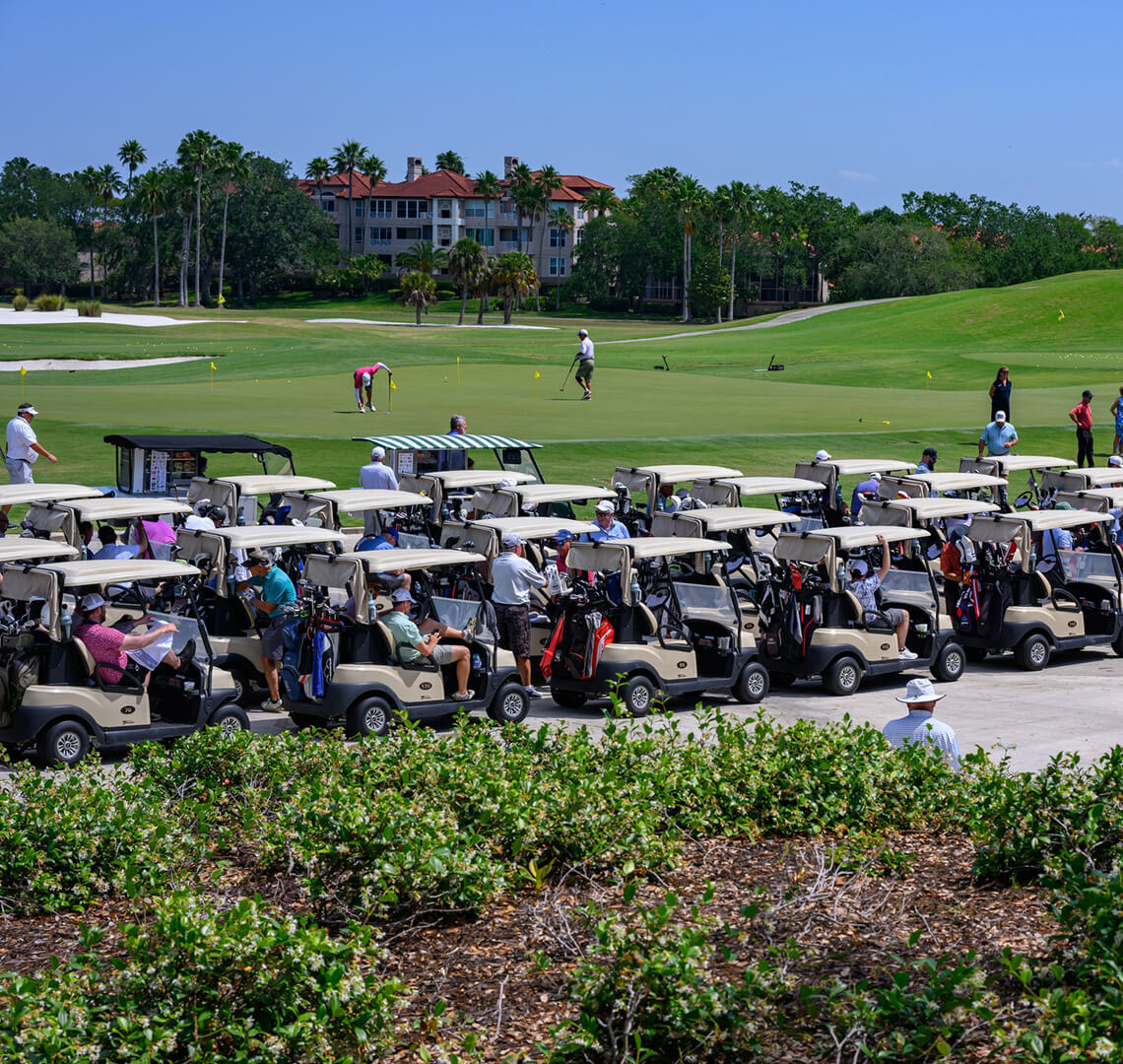 Golf carts parked by course